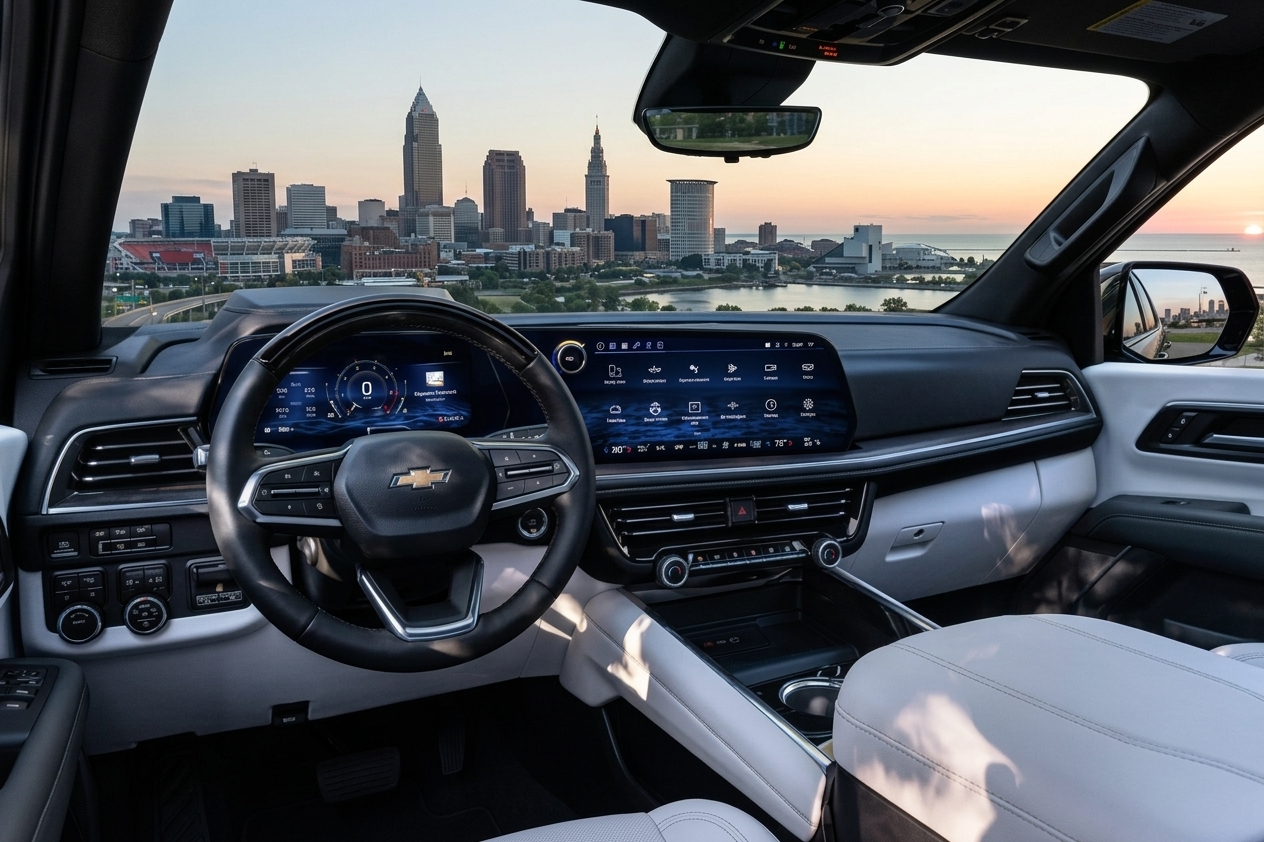 Premium SUV cabin overlooking the Cleveland lakefront at sunset
