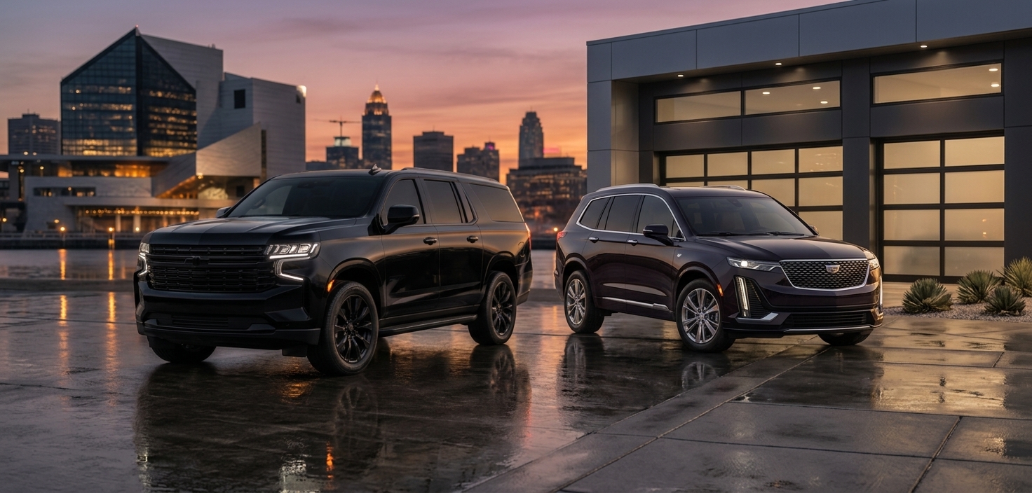Black luxury SUVs in Cleveland at dusk — premium chauffeur transportation by Izzy Transportation