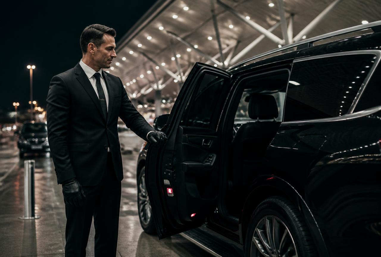 Black SUV waiting at a Cleveland airport terminal for an airport transfer