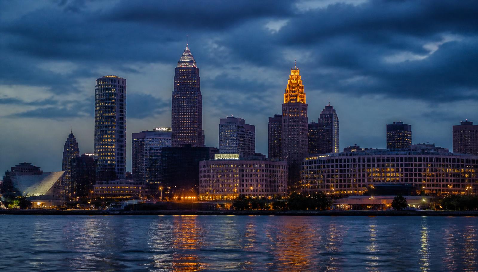 Cleveland, Ohio skyline at dusk seen across the water