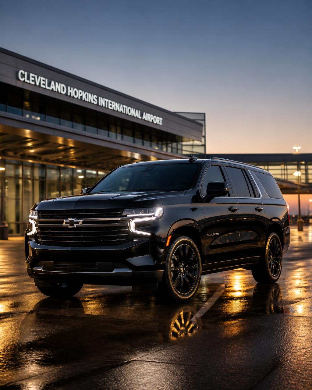 Black Chevrolet Suburban SUV in sharp focus at Cleveland airport terminal